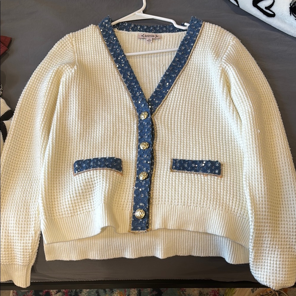 Nanette Lepore White Sweater with Blue Accents